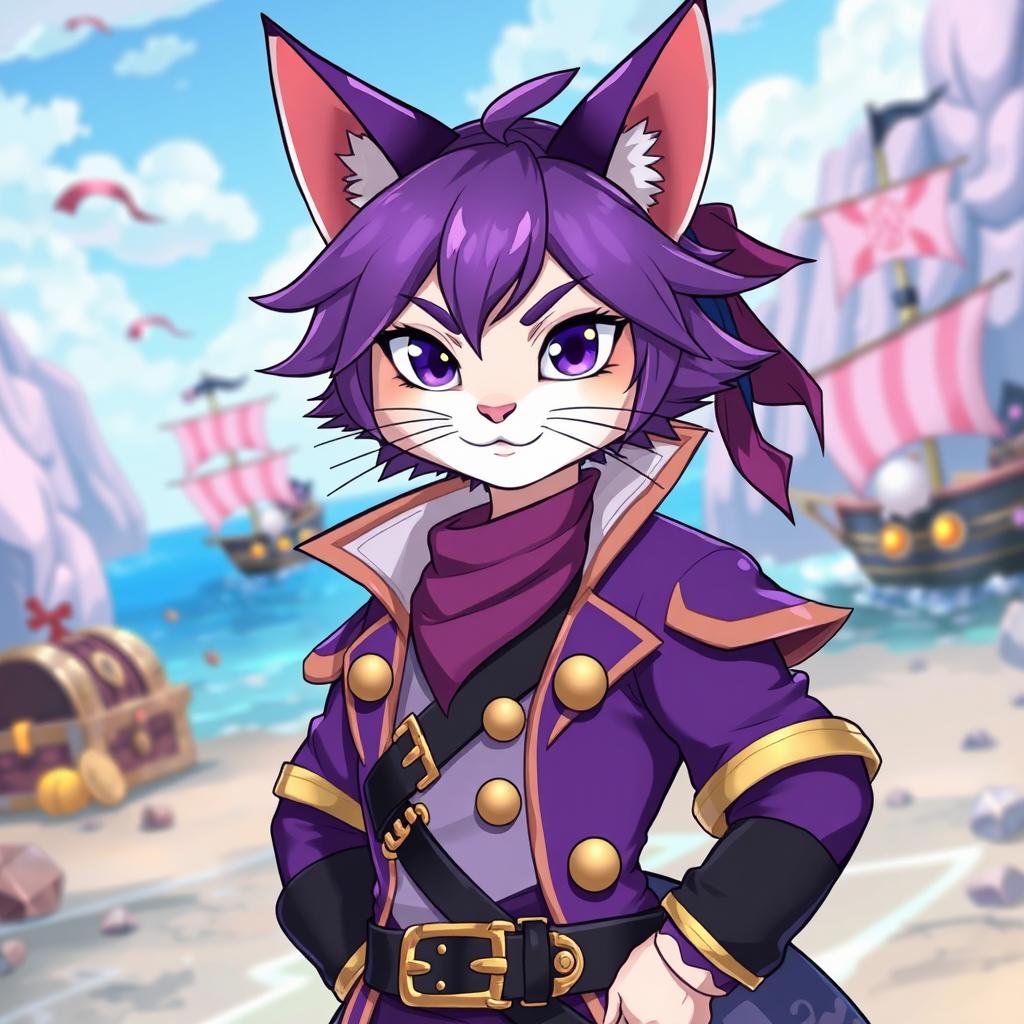 An anime-style character that is a cat man with striking purple hair and an elaborate purple pirate outfit