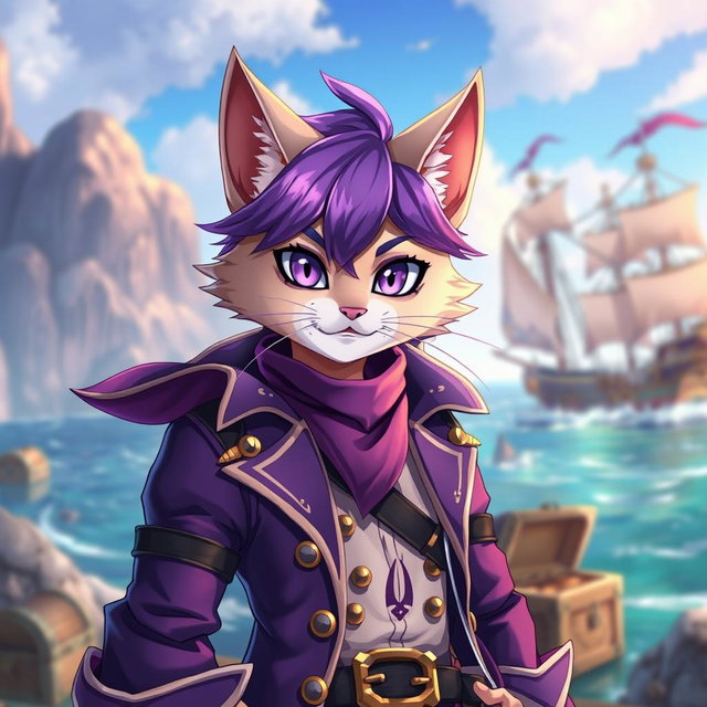 An anime-style character that is a cat man with striking purple hair and an elaborate purple pirate outfit