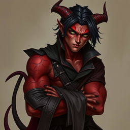 A male tiefling warlock character, posed in a relaxed yet cocky stance that showcases his confidence