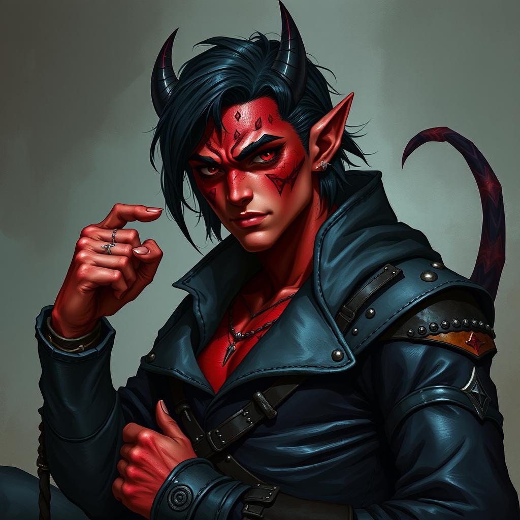 A male tiefling warlock character, posed in a relaxed yet cocky stance that showcases his confidence