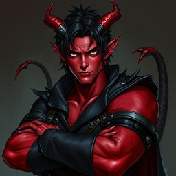 A male tiefling warlock character, posed in a relaxed yet cocky stance that showcases his confidence