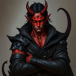 A male tiefling warlock character, posed in a relaxed yet cocky stance that showcases his confidence