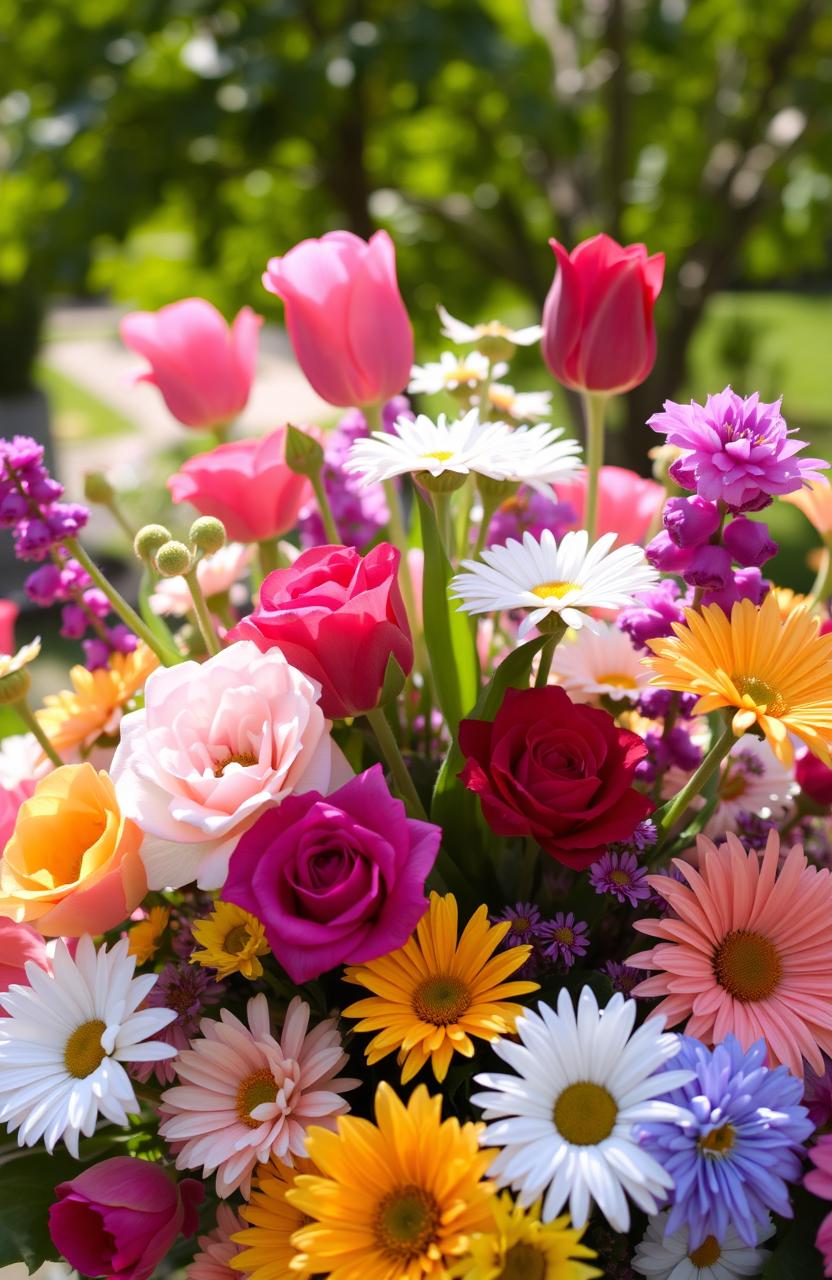 A vibrant floral arrangement featuring a variety of colorful flowers such as roses, tulips, and daisies, set against a soft blurred background of a sunny garden, with sunlight filtering through the leaves, creating a warm and inviting atmosphere