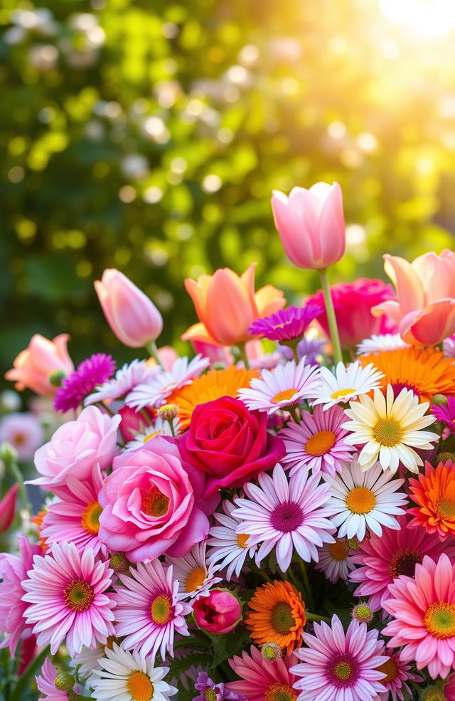 A vibrant floral arrangement featuring a variety of colorful flowers such as roses, tulips, and daisies, set against a soft blurred background of a sunny garden, with sunlight filtering through the leaves, creating a warm and inviting atmosphere