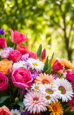 A vibrant floral arrangement featuring a variety of colorful flowers such as roses, tulips, and daisies, set against a soft blurred background of a sunny garden, with sunlight filtering through the leaves, creating a warm and inviting atmosphere