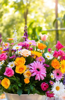 A vibrant floral arrangement featuring a variety of colorful flowers such as roses, tulips, and daisies, set against a soft blurred background of a sunny garden, with sunlight filtering through the leaves, creating a warm and inviting atmosphere