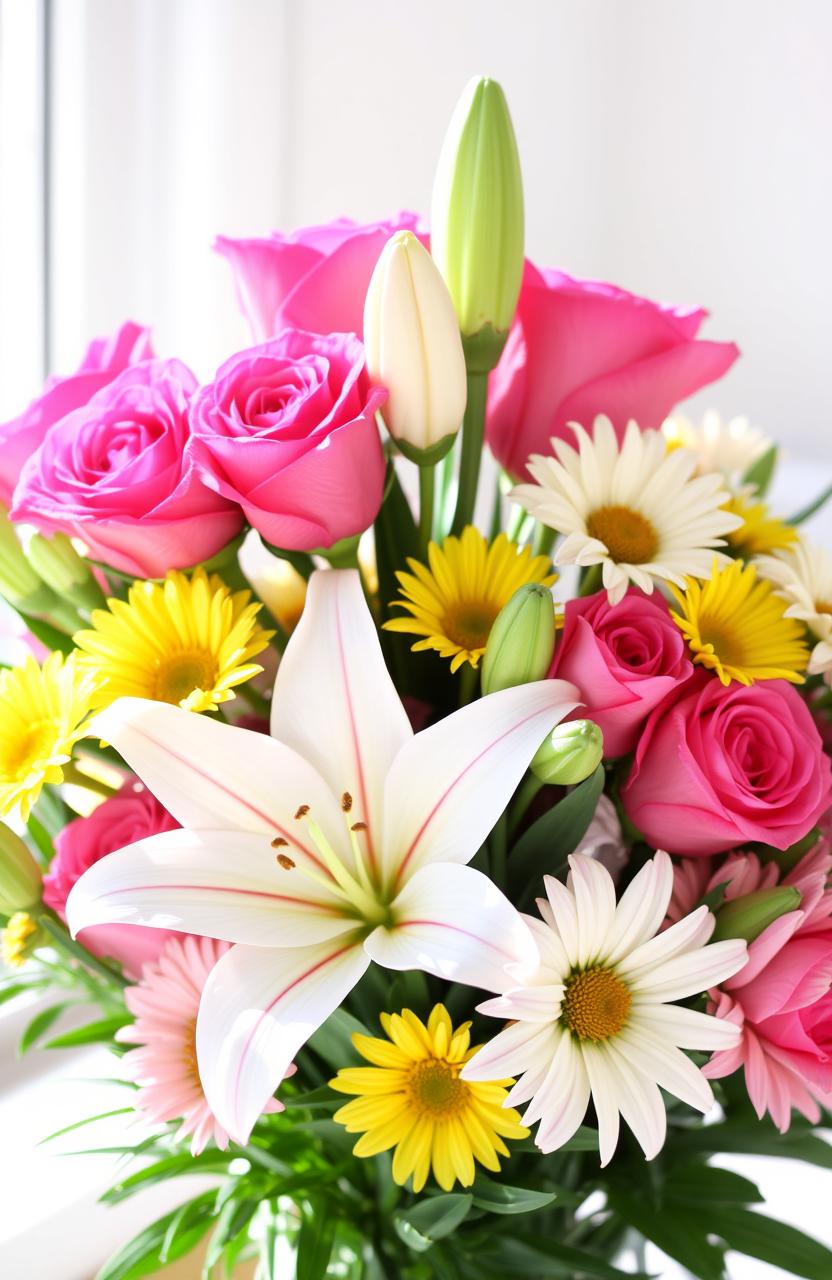 A beautiful arrangement of flowers named Sofia, featuring vibrant pink roses, delicate white lilies, and cheerful yellow daisies, all artfully combined in a lush green bouquet