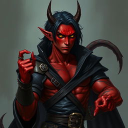 A male tiefling warlock character, posed in a relaxed cocky stance that conveys both confidence and seriousness