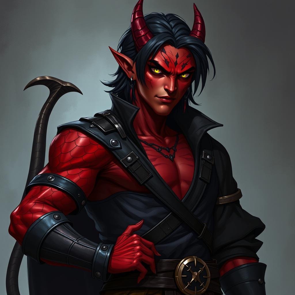 A male tiefling warlock character, posed in a relaxed cocky stance that conveys both confidence and seriousness
