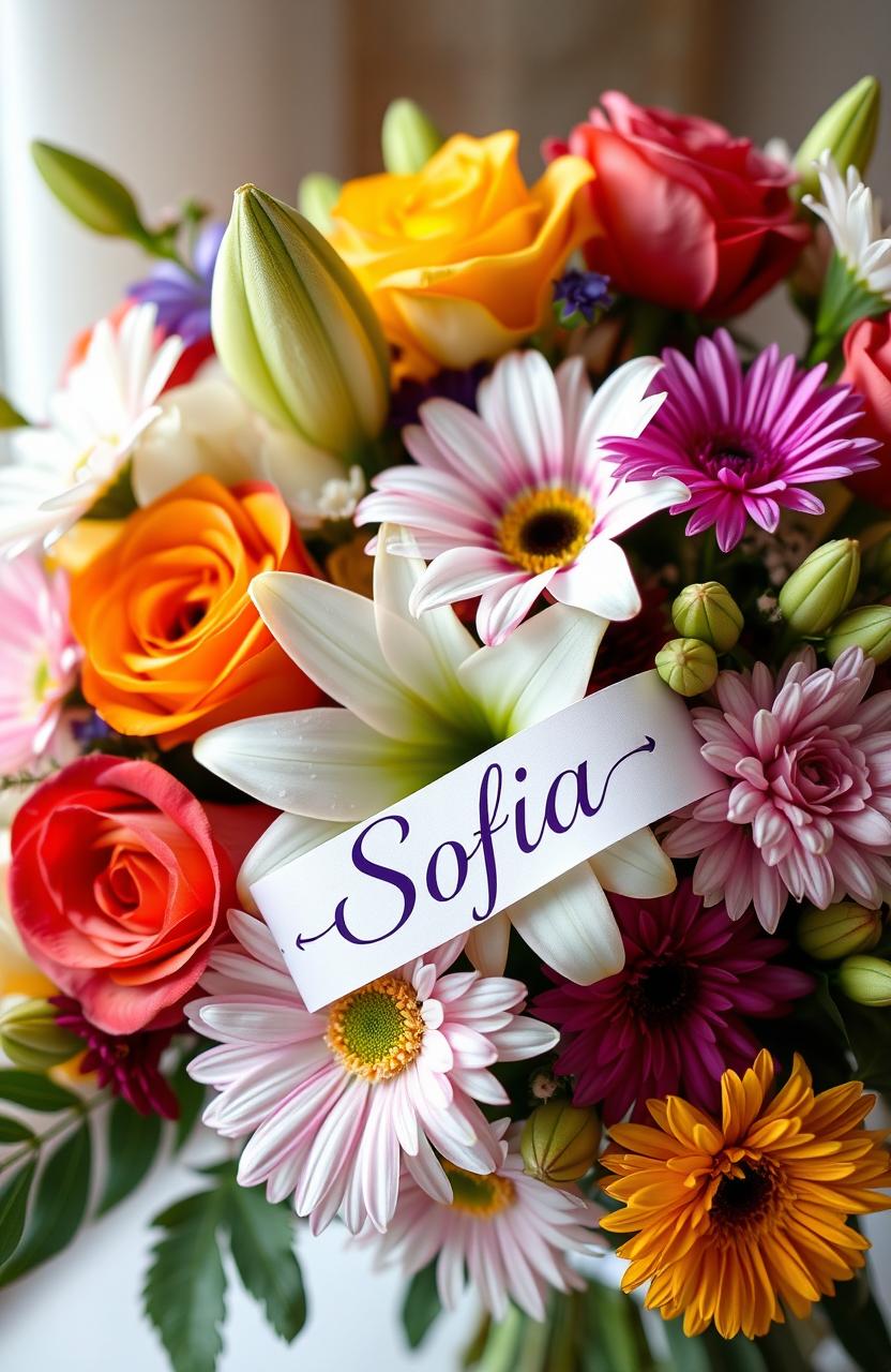 A beautiful bouquet of flowers arranged with a variety of colorful blossoms including roses, lilies, and daisies, all featuring a tag or banner that elegantly displays the name 'Sofia'