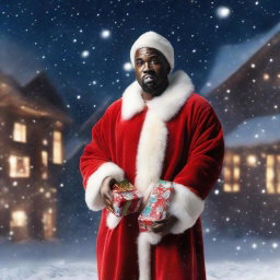 Hip hop artist Kanye West dressed in a joyful Santa Claus costume, his face beaming with a playful smile, holding a glistening bag brimming with gifts, standing in a magical, snowy night scene.