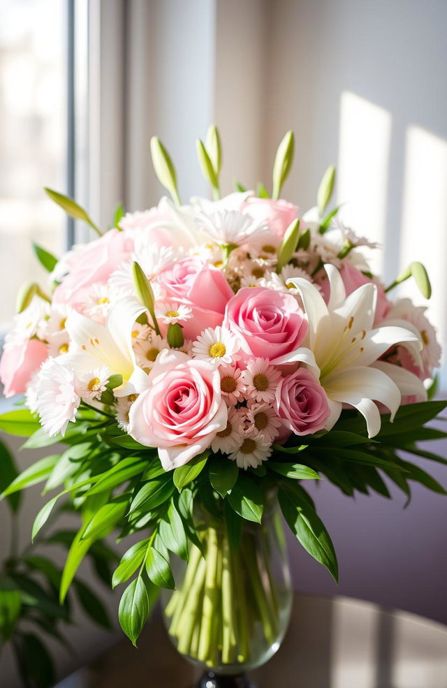 A beautiful bouquet of flowers, specifically focusing on a stunning arrangement featuring roses, lilies, and daisies, with delicate pastel colors