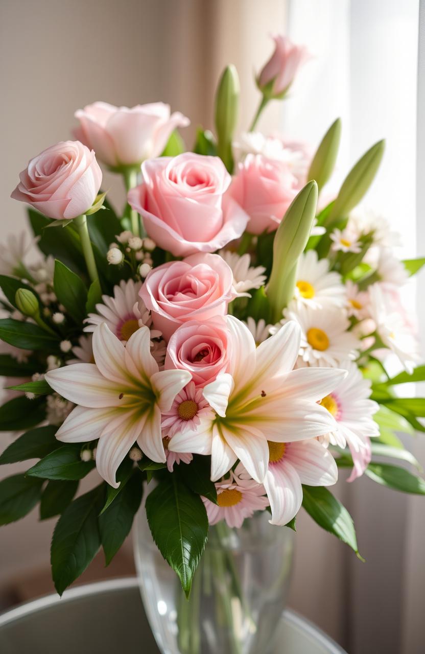 A beautiful bouquet of flowers, specifically focusing on a stunning arrangement featuring roses, lilies, and daisies, with delicate pastel colors