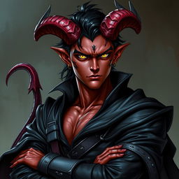 A male tiefling warlock character, posed in a relaxed cocky stance that radiates confidence while maintaining a serious expression