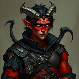 A male tiefling warlock character, posed in a relaxed cocky stance that radiates confidence while maintaining a serious expression