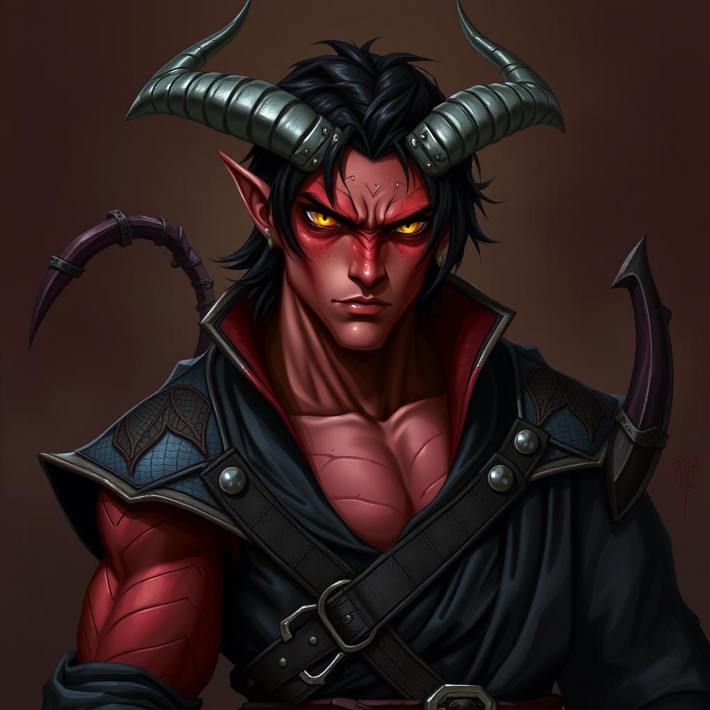 A male tiefling warlock character, posed in a relaxed cocky stance that radiates confidence while maintaining a serious expression