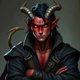 A male tiefling warlock character, posed in a relaxed cocky stance that radiates confidence while maintaining a serious expression