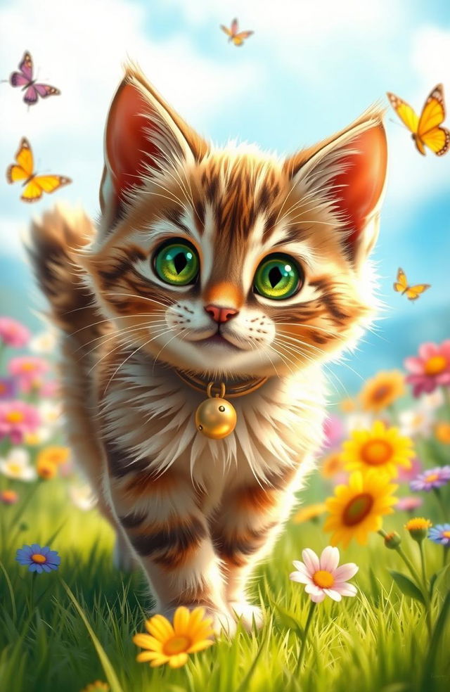 A charming and playful scene featuring a fluffy tabby cat named Sofia