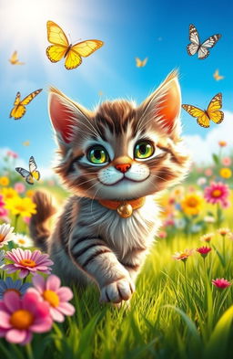 A charming and playful scene featuring a fluffy tabby cat named Sofia