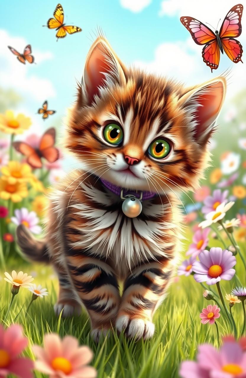 A charming and playful scene featuring a fluffy tabby cat named Sofia