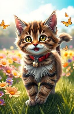 A charming and playful scene featuring a fluffy tabby cat named Sofia