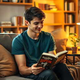 A young man with short dark hair and a charming smile, wearing a casual teal t-shirt and dark jeans