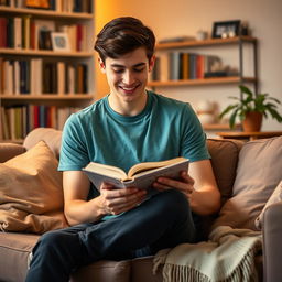 A young man with short dark hair and a charming smile, wearing a casual teal t-shirt and dark jeans