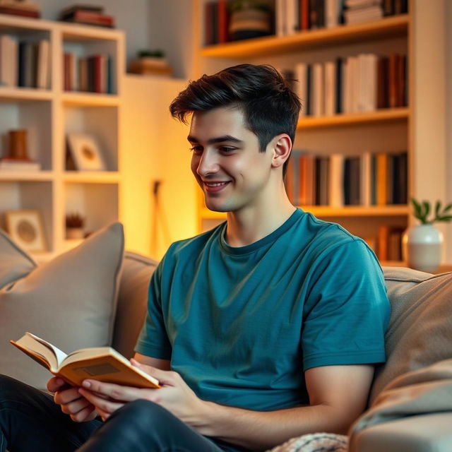 A young man with short dark hair and a charming smile, wearing a casual teal t-shirt and dark jeans
