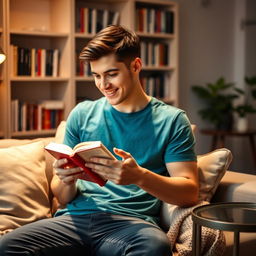 A young man with short dark hair and a charming smile, wearing a casual teal t-shirt and dark jeans