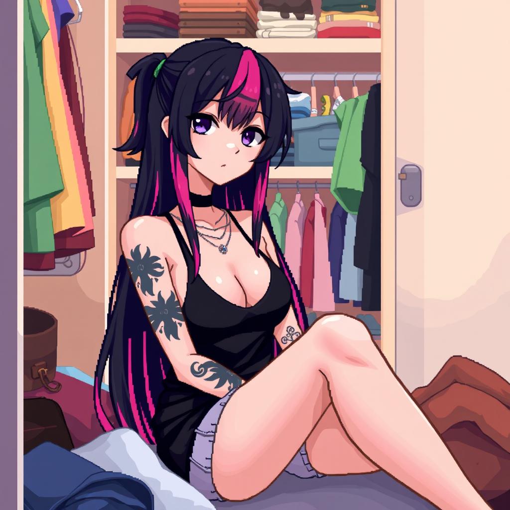 A pixel art representation of an anime girl with striking long black and pink hair, styled in a casual yet stylish manner