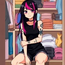 A pixel art representation of an anime girl with striking long black and pink hair, styled in a casual yet stylish manner
