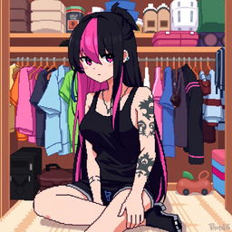A pixel art representation of an anime girl with striking long black and pink hair, styled in a casual yet stylish manner