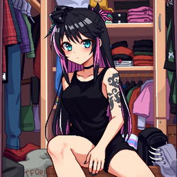 A pixel art representation of an anime girl with striking long black and pink hair, styled in a casual yet stylish manner