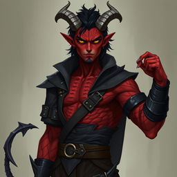 A male tiefling warlock character, posed in a relaxed and cocky stance that showcases his confidence while having a serious expression