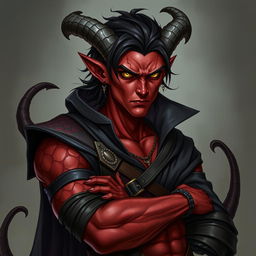 A male tiefling warlock character, posed in a relaxed and cocky stance that showcases his confidence while having a serious expression