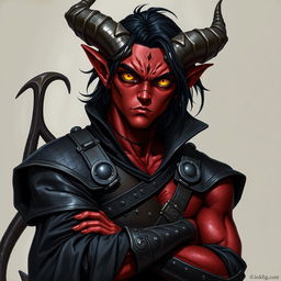 A male tiefling warlock character, posed in a relaxed and cocky stance that showcases his confidence while having a serious expression