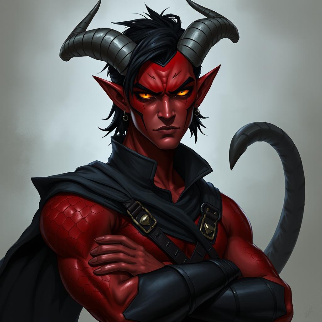 A male tiefling warlock character, posed in a relaxed and cocky stance that showcases his confidence while having a serious expression