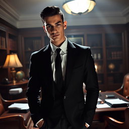 A young and handsome mafia boss standing confidently in a dimly lit, stylish office