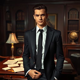 A young and handsome mafia boss standing confidently in a dimly lit, stylish office