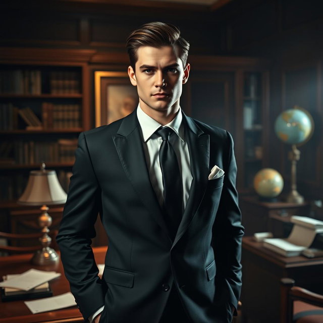 A young and handsome mafia boss standing confidently in a dimly lit, stylish office