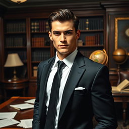 A young and handsome mafia boss standing confidently in a dimly lit, stylish office