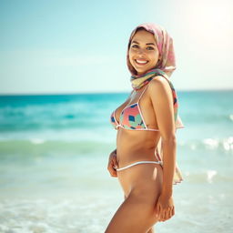 A stylish woman confidently wearing a bikini and a colorful hijab, standing at the beach with a beautiful ocean backdrop