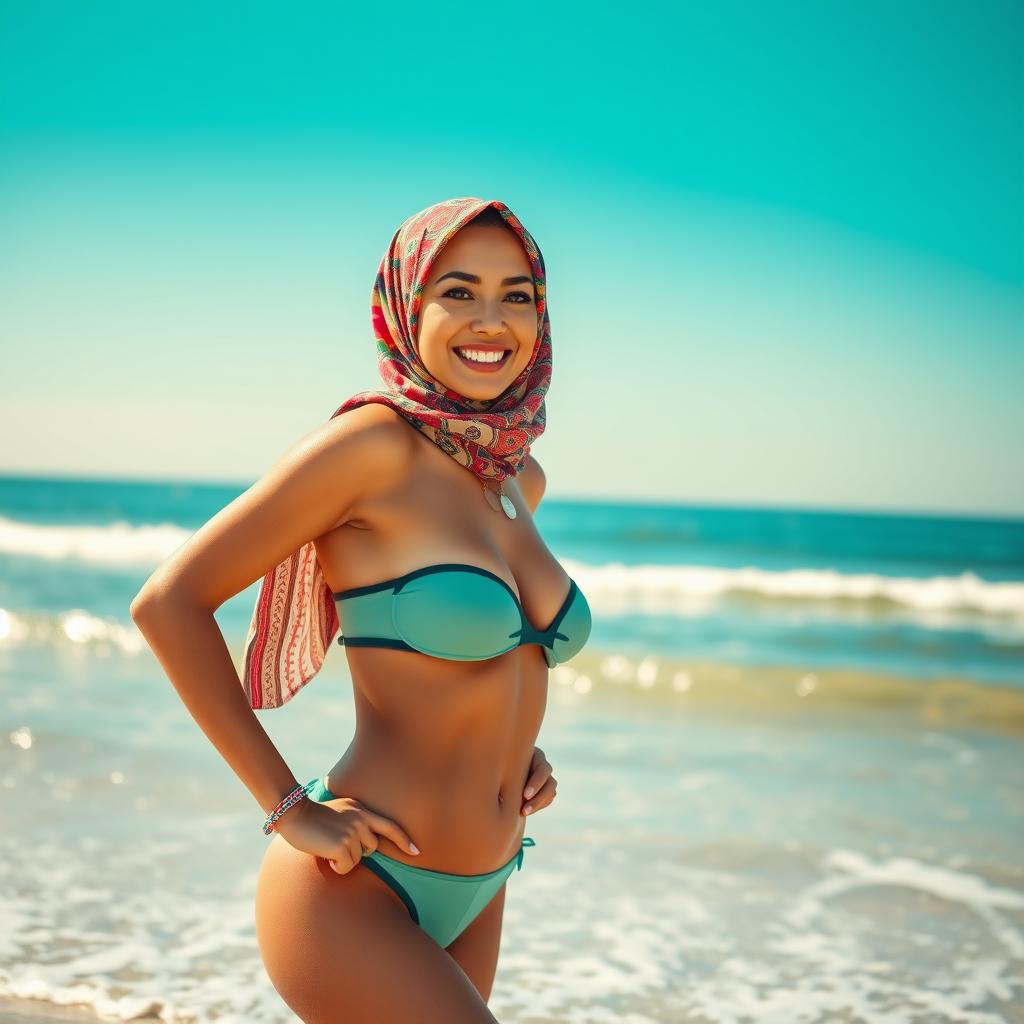A stylish woman confidently wearing a bikini and a colorful hijab, standing at the beach with a beautiful ocean backdrop