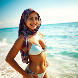 A stylish woman confidently wearing a bikini and a colorful hijab, standing at the beach with a beautiful ocean backdrop