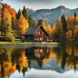 A charming rustic house gracefully reflected on a placid, glassy lake.