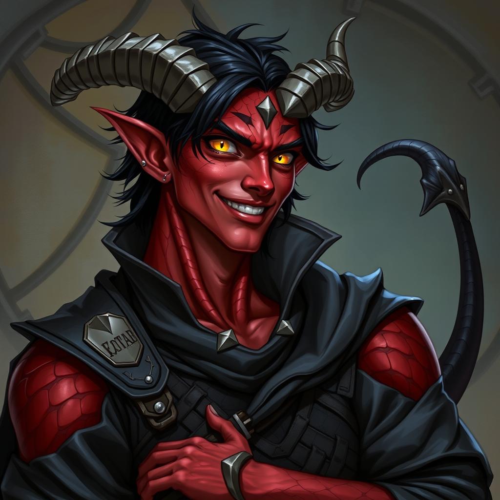 A male tiefling warlock character, posed in a relaxed and cocky stance while smiling confidently
