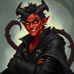 A male tiefling warlock character, posed in a relaxed and cocky stance while smiling confidently