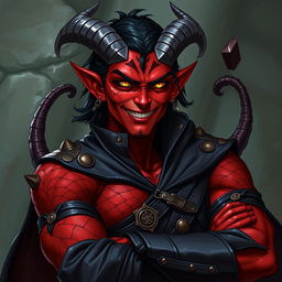 A male tiefling warlock character, posed in a relaxed and cocky stance while smiling confidently