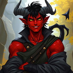 A male tiefling warlock character, posed in a relaxed and cocky stance while smiling confidently