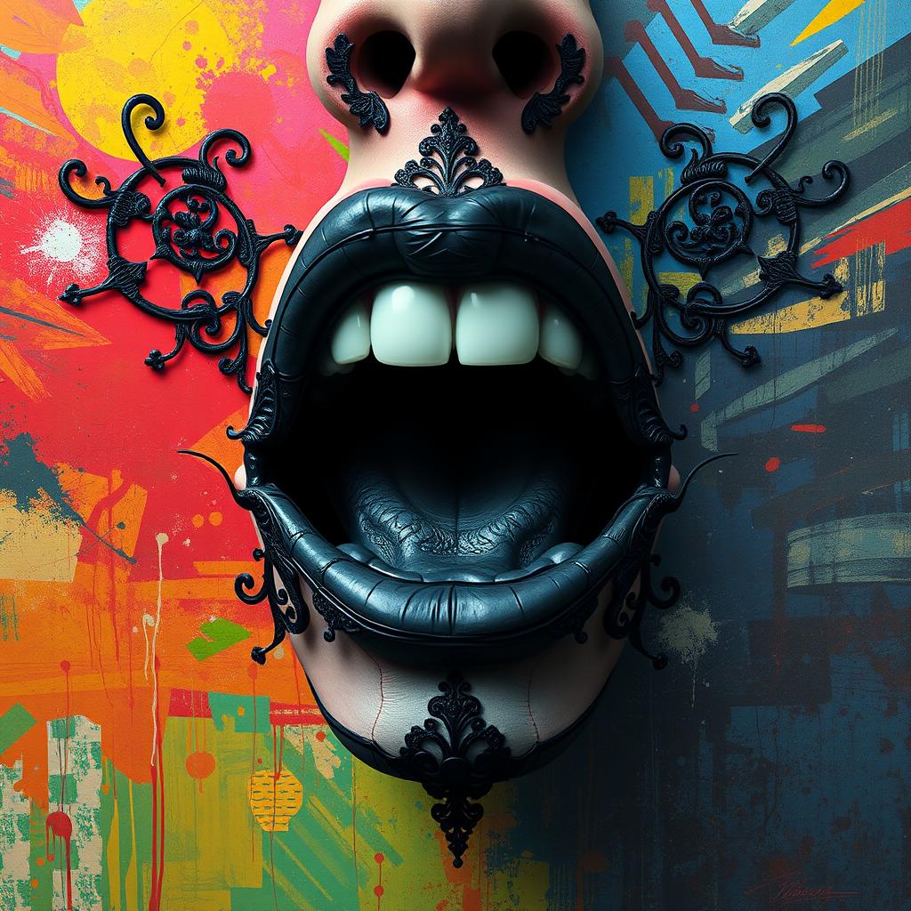 A surreal and stylized art piece featuring a striking exploration of contrast and form